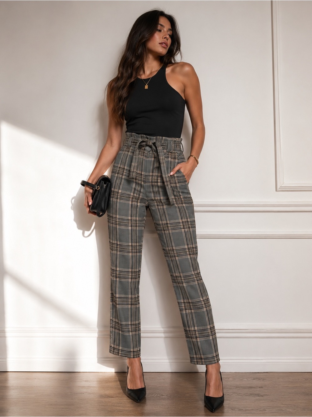 Wilfred Checked Dress pants in Black, White & Brown Plaid